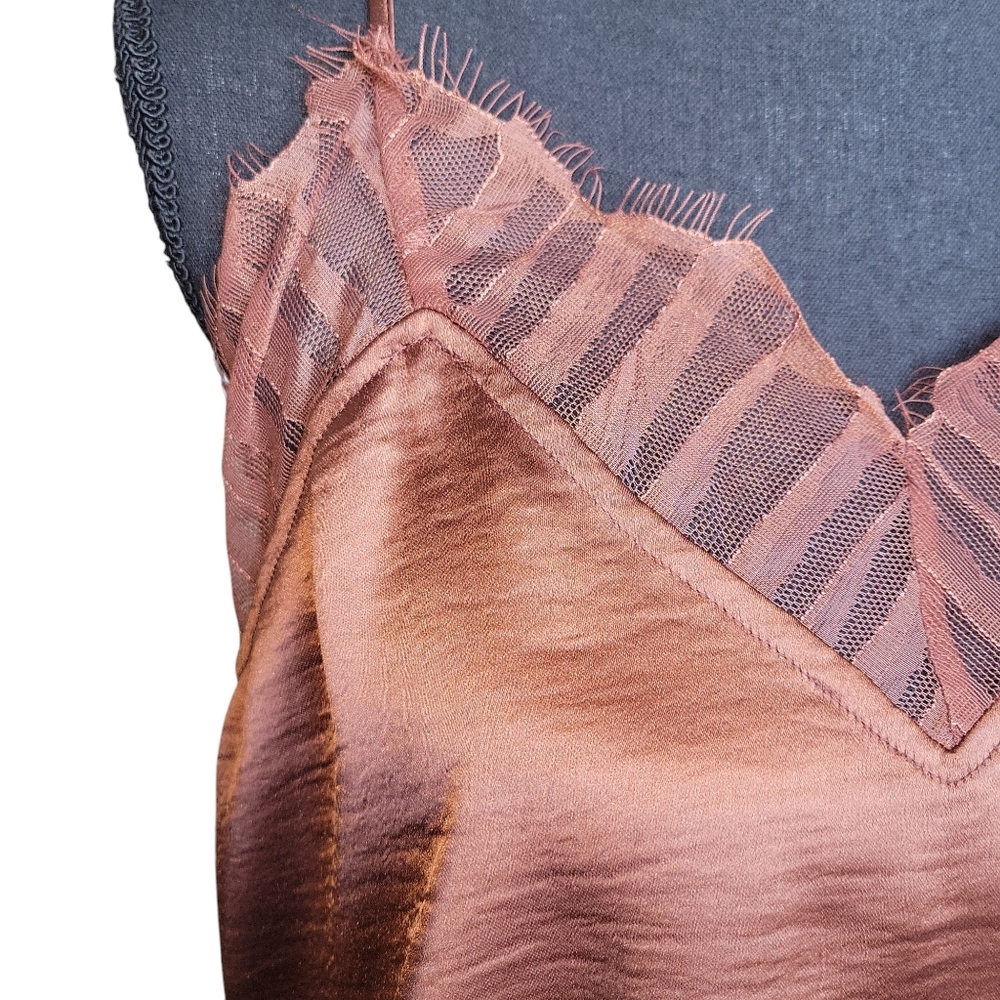 Frye NWT Brown Satin Eli Lace-Trim Racerback Tank Women's Size M FLAWS - Picture 8 of 16